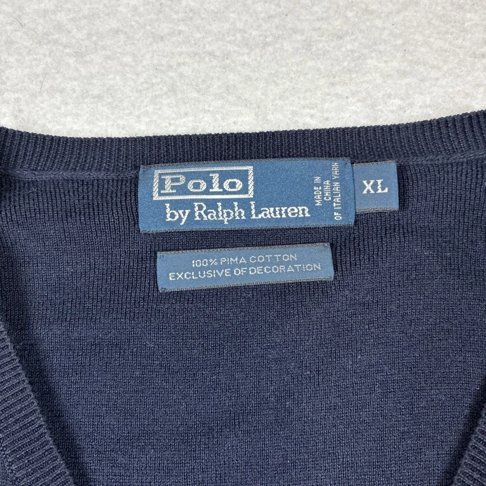Polo Ralph Lauren Sweater Vest Mens XL Navy Blue Pima Cotton V Neck Knit Logo